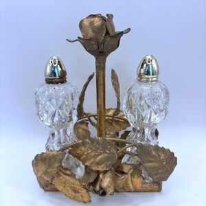 Gold Tole Rose Salt and Pepper Set with Caddy Tag Made in Italy Crystal Vintage